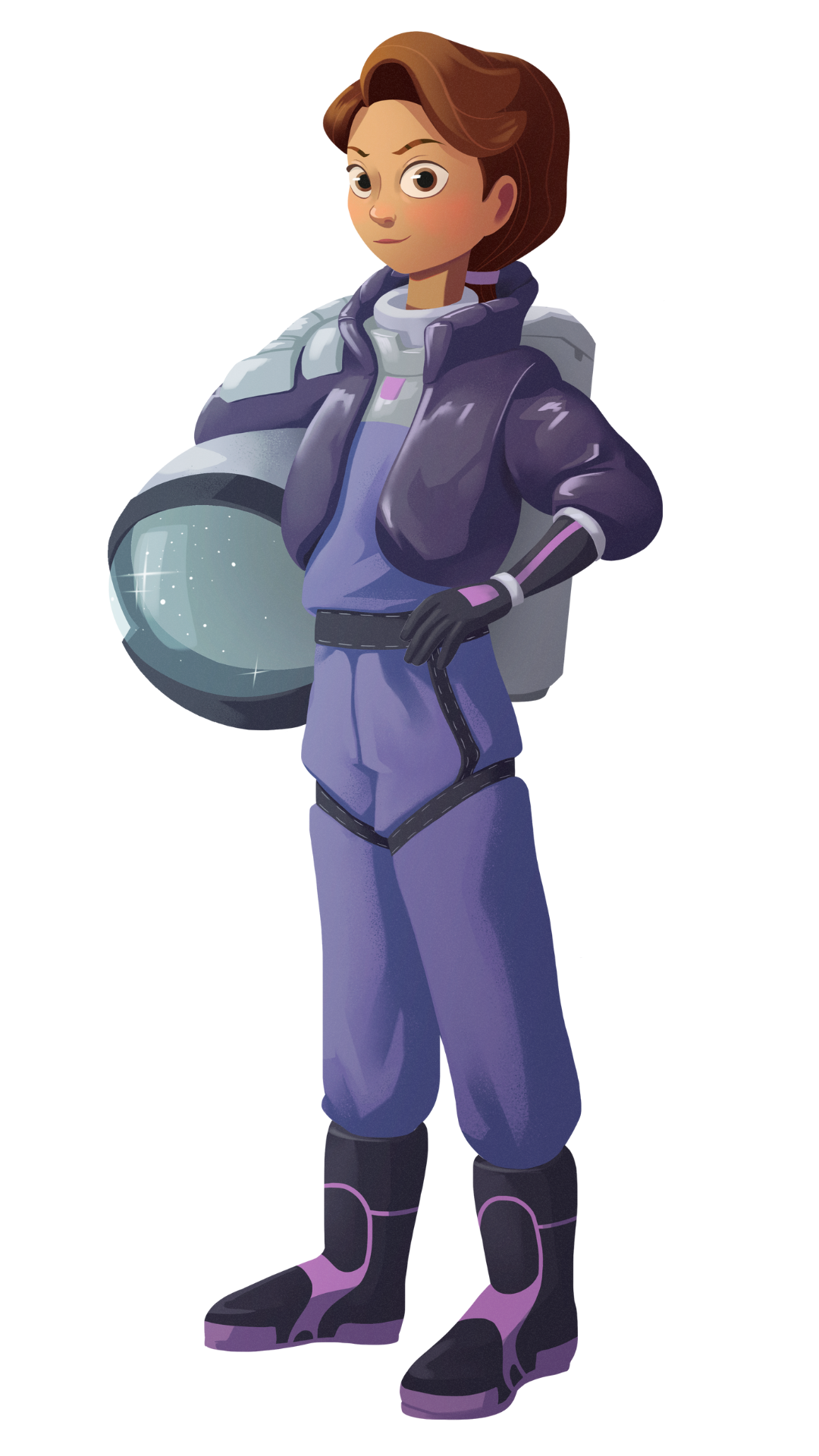A young girl with brown wavy hair and a purple astronaut suit smiles as Erandi, Erandi Aprende's friendly AI STEAM buddy, sparks curiosity about science, technology and beyond.
