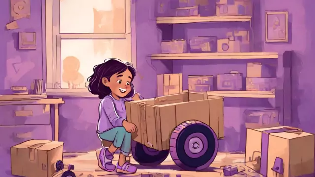 A young girl, eyes focused, builds a cardboard car with wheels.