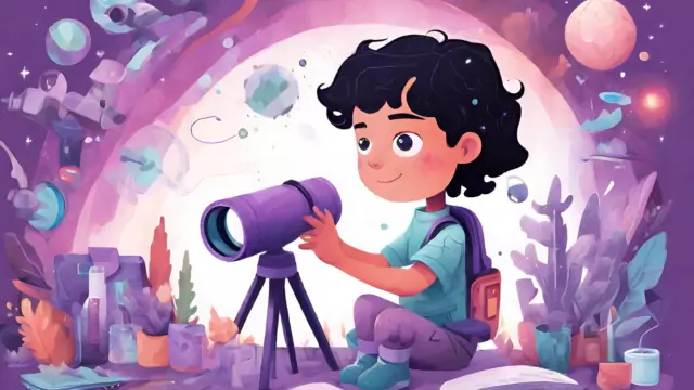 A curious child explores a vast landscape filled with science and technology elements, representing the diverse skills and career paths.