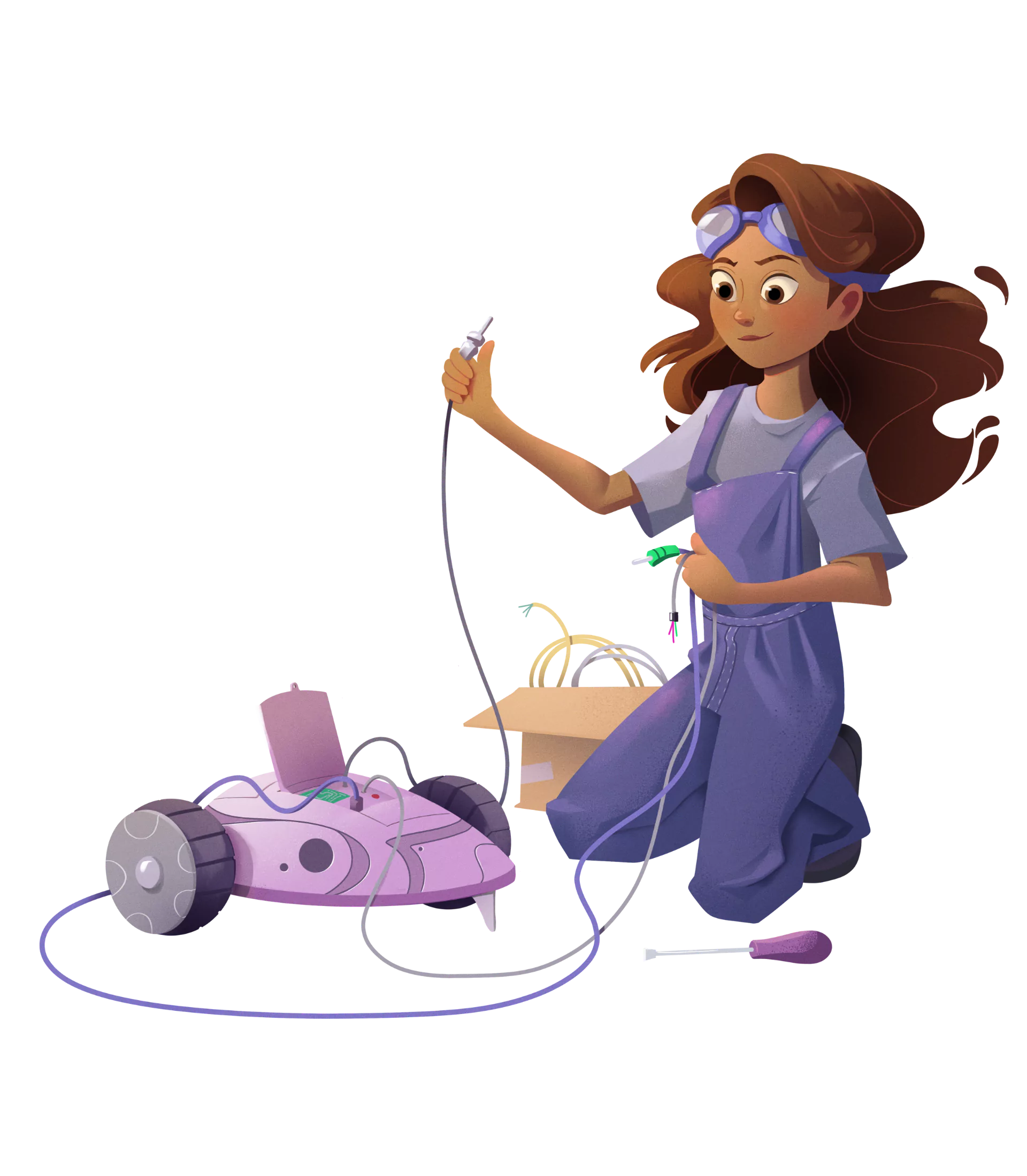 A young girl with brown wavy hair and a purple jumpsuit  builds a light purple robotic car. This is Erandi, Erandi Aprende friendly AI STEAM buddy.