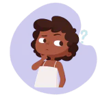 A young girl with a questioning expression and a thought bubble filled with a question mark.