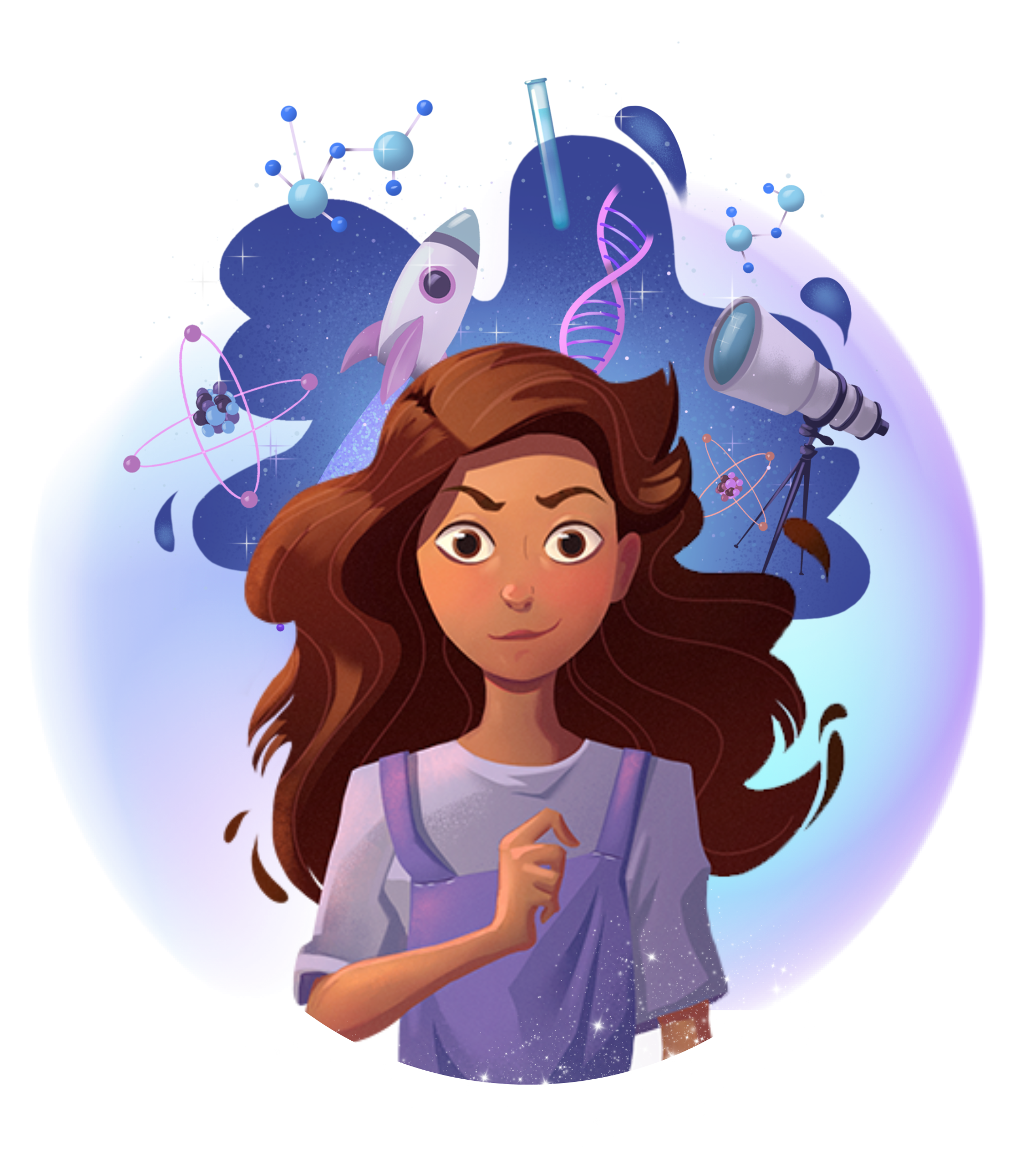 A young girl with brown wavy hair and a purple jumpsuit smiles as Erandi, Erandi Aprende's friendly AI STEAM buddy, sparks curiosity about science, technology and beyond. (Whimsical STEAM background with a rocket, telescope, stars and atoms).