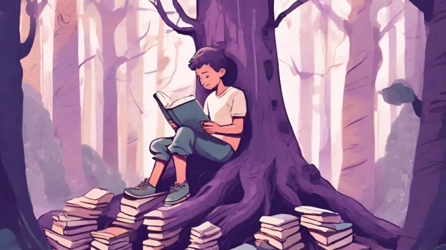 A young boy nestled among the roots of a majestic tree in a vibrant forest, finds solace and joy in reading, nurturing his intrinsic love for learning.