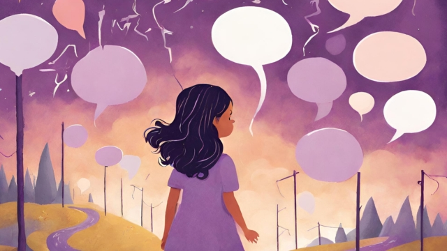 A young girl stands at a crossroads, bombarded by conflicting advice from unseen voices as she struggles to develop independent thinking skills.