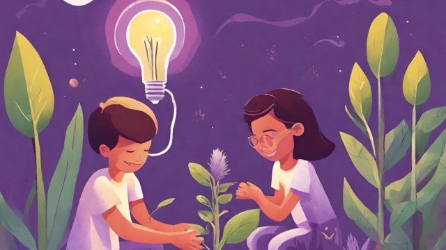 Kneeling amidst fantastical flora, two kids weave innovation from sun-dappled leaves and glowing vines. A shimmering lightbulb bursts from their minds, casting a radiant glow on faces etched with discovery's joy.